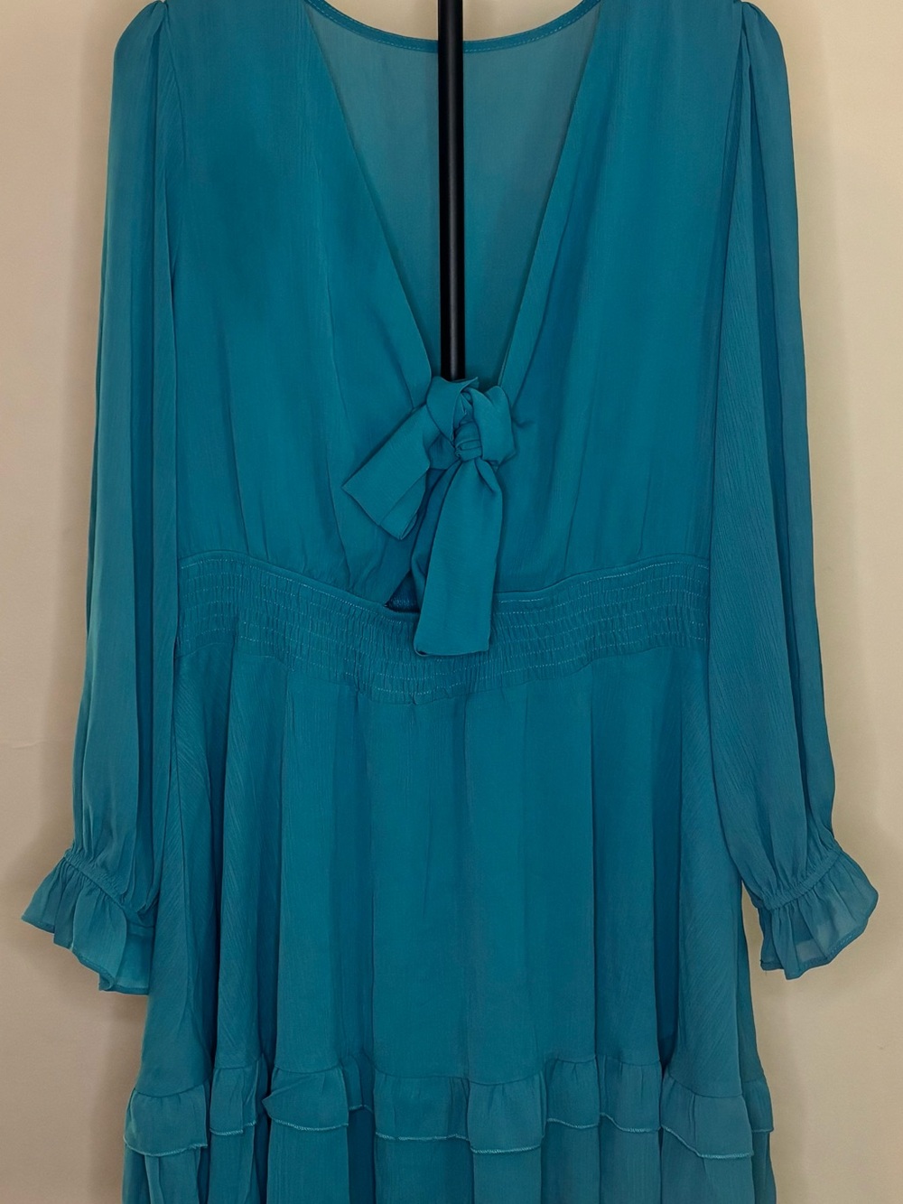 Teal Long-Sleeve Tie-Front Ruffle Mini Dress - Picture 2 of 5